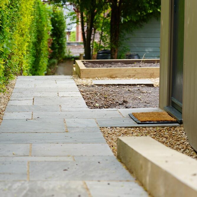 Image 26, Pathway and Garden room entrance. Garden Landscaping & Terracing, Buckinghamshire. New Driveway Company Garden path and Pathways