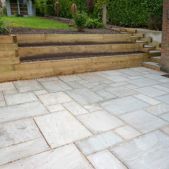 Image 2, New Patio and terraced sleeper beds. Garden Landscaping & Terracing, Buckinghamshire. New Driveway Company