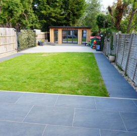 Main patio, lawn and garden room, view from house Garden Landscaping, Windsor. The New Driveway Company