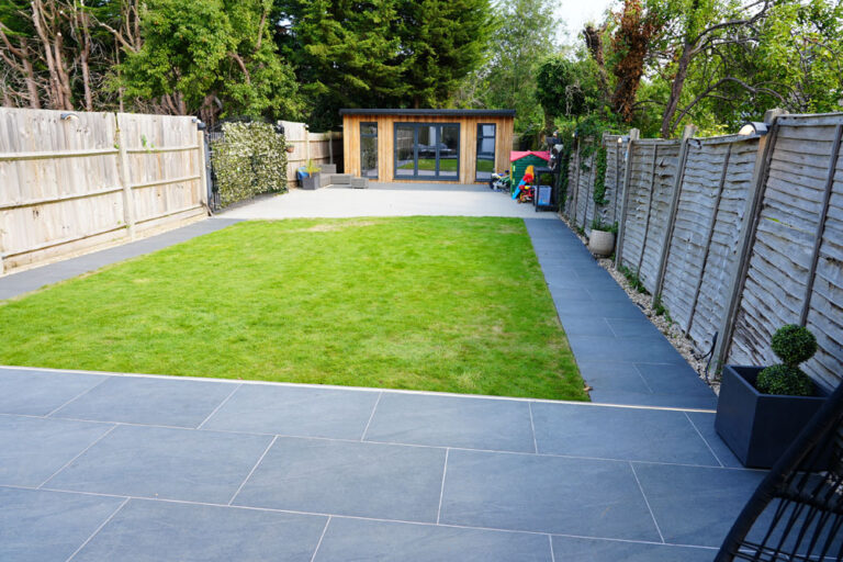 Main patio, lawn and garden room, view from house Garden Landscaping, Windsor. The New Driveway Company