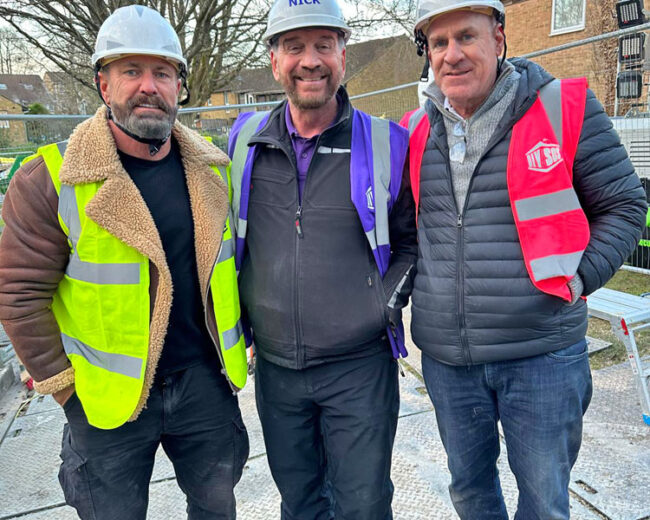 BBC DIY SOS and New Driveway Company. Accessible Resin Ramp, Bracknell. DIY SOS presenter Nick Knowles with Ben Curran and Darren Field from New Driveway Company