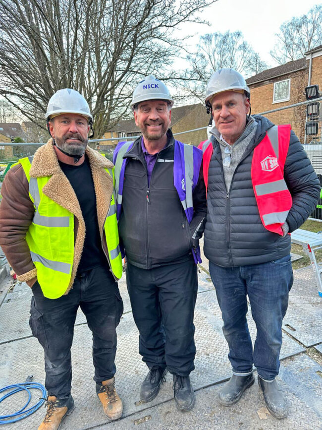 BBC DIY SOS and New Driveway Company. Accessible Resin Ramp, Bracknell. DIY SOS presenter Nick Knowles with Ben Curran and Darren Field from New Driveway Company