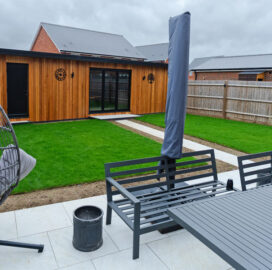 Side view of new porcelain patio and garden path Porcelain Patio and Garden Paths, Benson, Oxfordshire. New Driveway Company