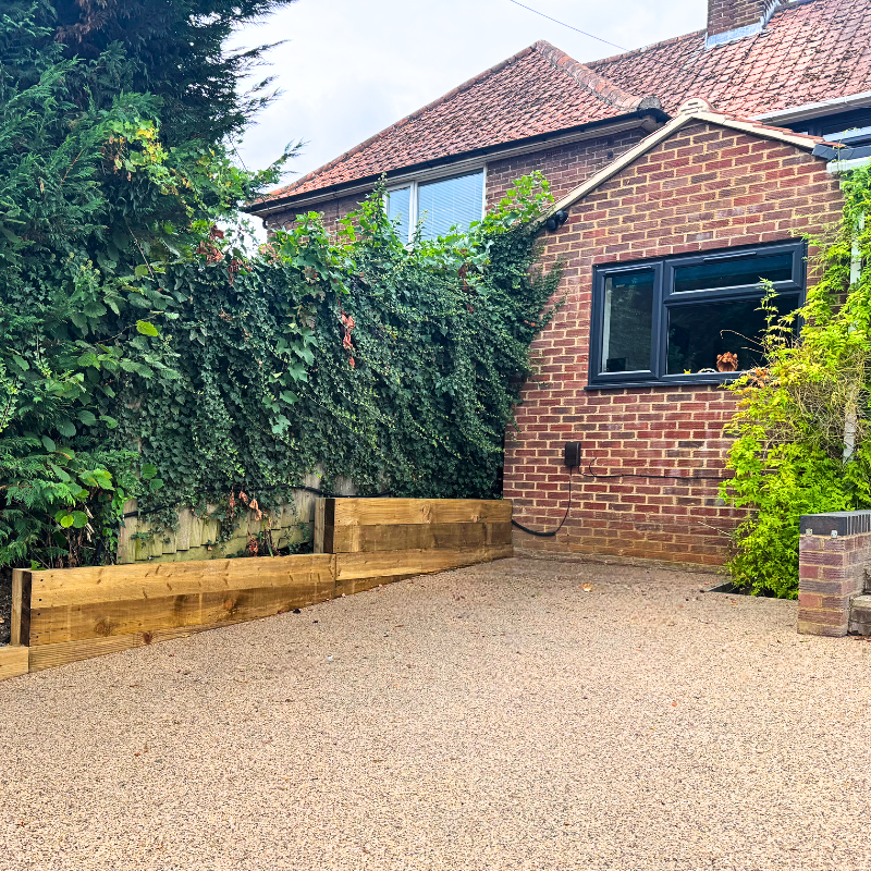 New resin driveway with sleepers along the edge.