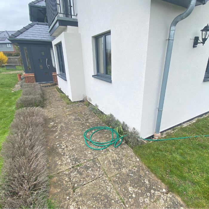 Old patio path to the front door of house with small bushes along the left side.